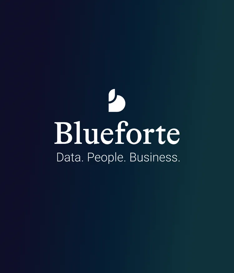 Blueforte Unternehmens-Logo mit der Bild- und Wortmarke und Claim auf dem dunklen Signature Gradient der Marke