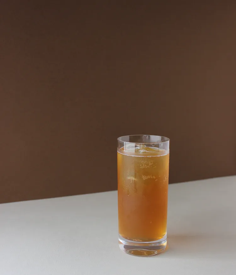 Selbstgemachter, orangefarbener, feinperliger Kombucha vor einem ockerfarbenen Hintergrund aus dem Maquis.