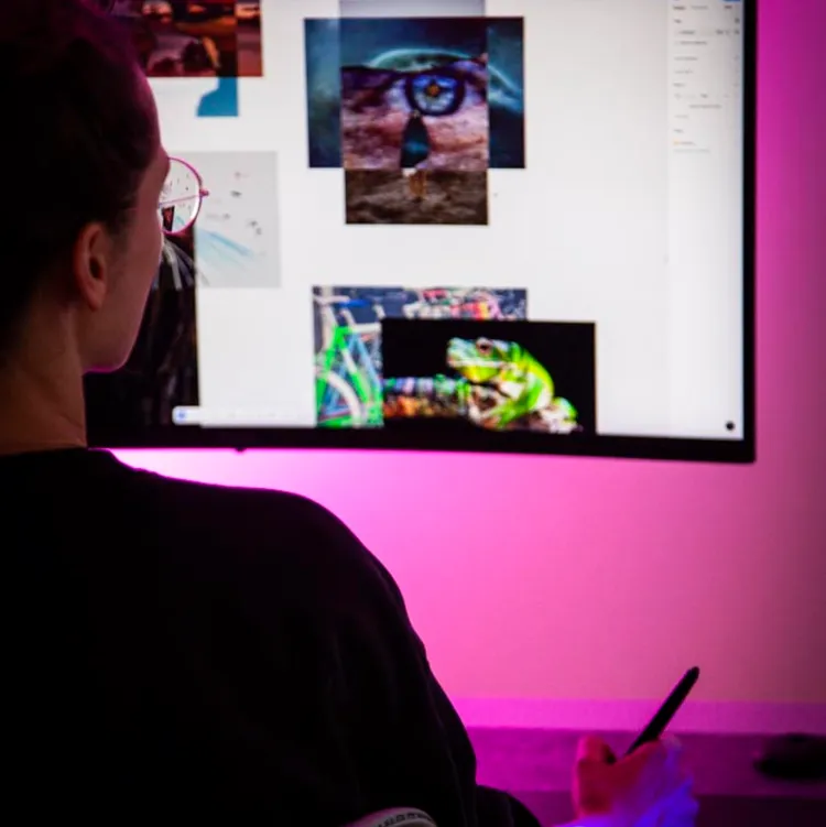 Eine Person mit Brille und Dutt sitzt vor einem Computerbildschirm, der mit bunten Bildern gefüllt ist. Die Person hält einen Stift und die Szene ist in pinkfarbenem Licht beleuchtet.
