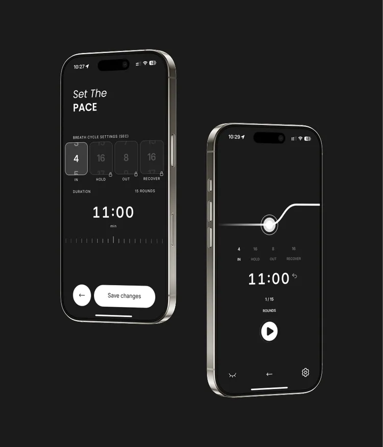 Zwei iPhones zeigen die Einstellungen und die Start-Ansicht einer Atemübung